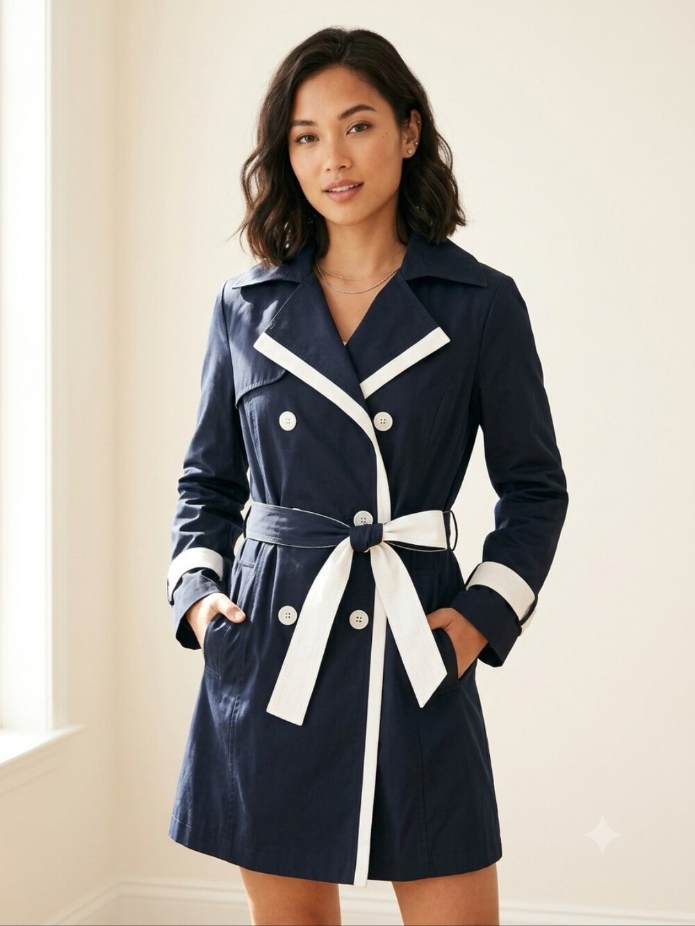 Laundry By Shelli Segal Navy Trench Coat with White Trim